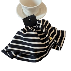 Elegant large black and white striped hair scrunchie with long ribbon and gold tag