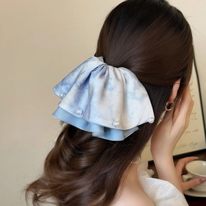 Grande pince à cheveux nœud bleu marbré avec bordure en perles pour femmes chic