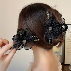Grande Pince à Cheveux en Maille Noire Florale pour Femmes Élégante Pince Crabe Plissée en Dentelle avec Strass Accessoires