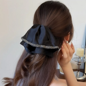 Elegant Hepburn Style Black Satin Bow Hair Claw Clip With Rhinestone Edge Large Skirt Streamer Ponytail Clip Hair Accessories