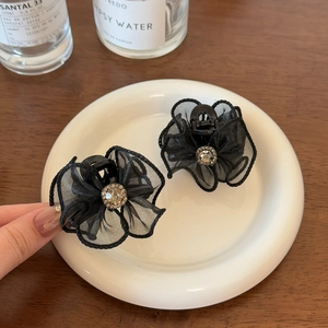 Exquisite schwarze Blumen-Haarklammern aus Spitze mit funkelnden Strasssteinen für Damen
