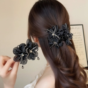 Elegant Black Gauze Flower Hair Claw Clip With Rhinestones And Tassel Beads Handmade Sweet Shark Clip Fashion Hair Accessory