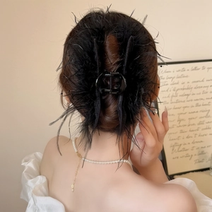 Détail de la pince à cheveux élégante en plumes noires dans une coiffure rétro française