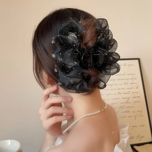 Elegant black organza cloud hair claw clip with shimmering rhinestones for thick hair