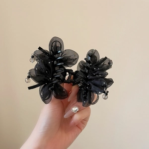 Elegant black mesh flower hair claw clip with rhinestones and hanging bead drop charm