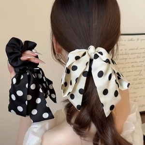 French Style Polka Dot Bow Hair Scrunchie Satin Long Streamer Ponytail Holder Elegant Ribbon Hair Tie For Women Girls Accessory