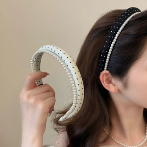 Vintage Polka Dot Sponge Headband For Women Thickened Fabric Hair Hoop With Artificial Pearl Sweet French Hair Accessories