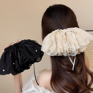 Korean Style Large Pleated Mesh Artificial Pearl Hair Clip Elegant Fairy Ribbon Spring Clip Ponytail Holder Women Hair Accessories