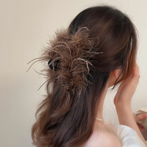 Brown ostrich feather hair claw clip for women elegant shark clip bun hairstyle accessory