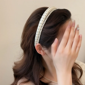 Polka dot fabric and pearl double-layer headband with a high crown design for women