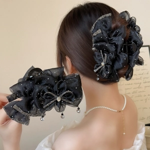Large Black Mesh Bow Hair Claw Clip With Rhinestones Crystal Tassels Elegant Korean Shark Clip For Women Hair Accessories