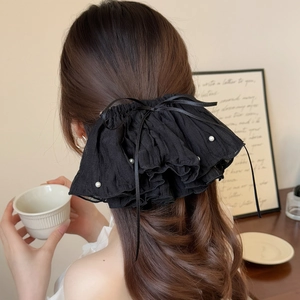 Elegant large black pleated hair bow clip with white pearls for back hair styling
