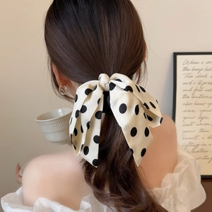 French style satin black and white polka dot bow scrunchie for ponytail hairstyles