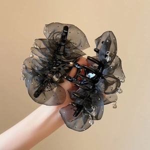 Elegant large black tulle bubble claw clip with rhinestones and tassels for women