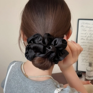 Elegant large black satin pleated scrunchie for women messy bun or ponytail hairstyle