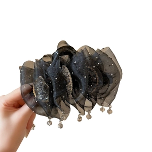 Black organza cloud bubble hair claw clip with star sequins and crystal tassels for women