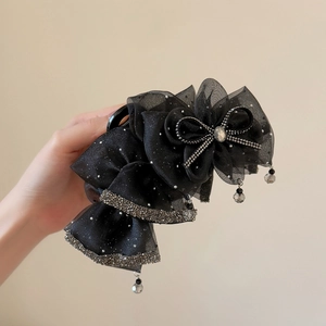 Elegant large black mesh bow hair claw clip with rhinestones and crystal bead pendants