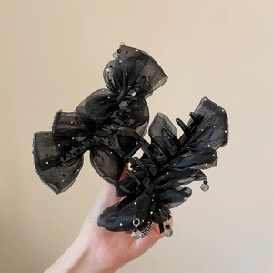 Elegant large black mesh bow hair claw clip with rhinestones and crystal drop pendant