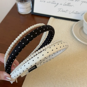 Polka dot fabric headband set with pearl charms for women, stylish hair accessories