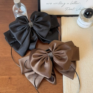 Elegant large satin bow hair ties with sparkling rhinestone center in black and brown