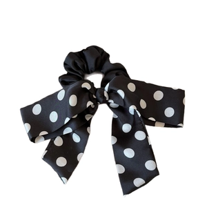 French style black and white polka dot satin bow hair scrunchie with long ribbons