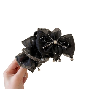 Elegant black tulle bow hair claw with sparkling rhinestones and crystal beads jewelry
