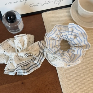 French style scrunchie set with white floral embroidery and blue striped pattern design