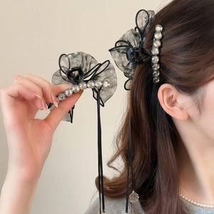 Vintage Floral Mesh Bow Hair Claw Clip With Rhinestone Long Tassel Elegant Large Shark Clip For Women Hair Accessories