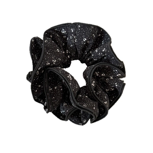 Floral black and white scrunchie with four-layer ruffles for elegant hair styling