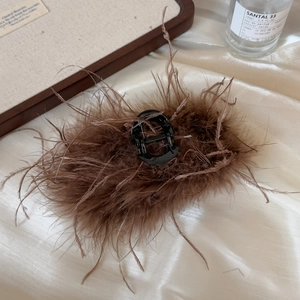 Detailed view of luxury brown ostrich feather hair claw clip on champagne silk background