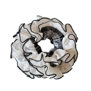Elegant large black and white checkered scrunchie with layered organza wavy ruffles