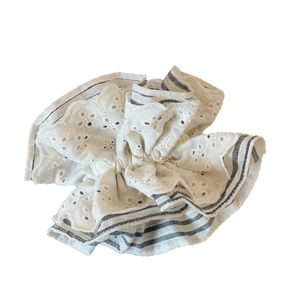 Lace striped oversized scrunchie with white floral embroidery for elegant hairstyles