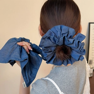 Vintage Dark Blue Denim Scrunchie Large Layered Pleated Hair Tie Handmade Fabric Elastic Hair Band Women Hair Accessories
