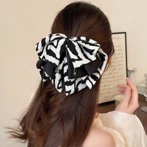 Zebra Stripe Bow Hair Clip Black And White Contrast Satin Ribbon Ponytail Clip For Women Retro Fashion Hair Accessories
