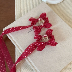 Gros plan sur les barrettes à nœuds en tulle à pois rouges avec de longs glands élégants