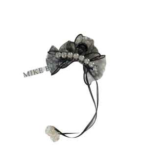 Floral tulle bow hair claw clip with crystal accents and long ribbon tassels