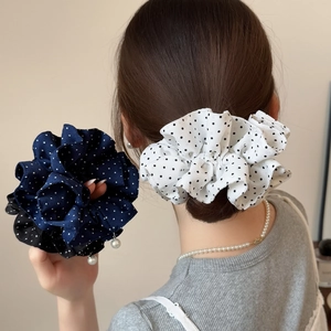 French Style Polka Dot Scrunchie With Artificial Pearl Pendant Sweet Large Chiffon Hair Ring For Women Horse Tail Hair Rope Fashion Accessory