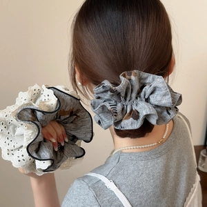 Korean Style Sweet Large Scrunchies Grey Cotton Linen Dachshund Dog Print Lace Pleated Hair Ties For Daily Hair Accessories