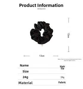 Polka dot fabric scrunchie with pearl pendant and 13cm size specifications chart