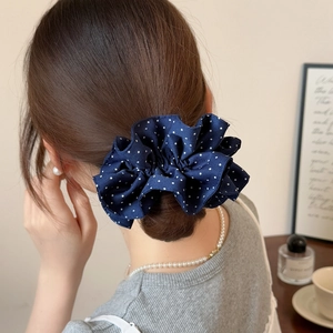 Navy blue polka dot scrunchie large hair tie for women stylish ponytail holder