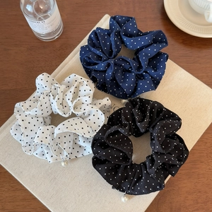 Elegant 3-piece polka dot chiffon scrunchie set with pearl charms for hair styling