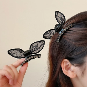 Elegant Black Lace Butterfly Hair Claw Clip With Rhinestone Bow Detail Vintage Sweet Hair Accessories For Women Daily Party Styling