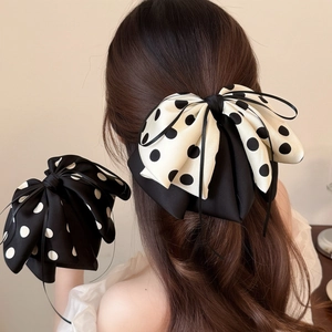French Vintage Polka Dot Bow Hair Clip Elegant Satin Ribbon Hairpin Ponytail Clip Sweet Hair Accessories For Women