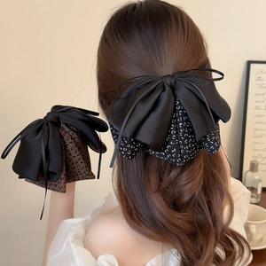 Large Fabric Floral Leopard Print Bow Hair Clip With Ribbon Rhinestone Elegant Vintage Hair Accessory For Women Party Daily