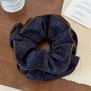Brown floral scrunchie with leopard print dots and delicate lock-edge finish