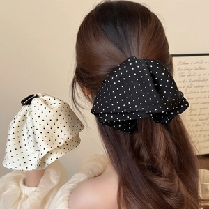 Pince à Cheveux Élégante à Pois Style Français Nœud en Satin Chiffon Tissu Large Accessoire de Coiffure pour Femmes Soirée