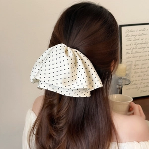 Pince à cheveux élégante en satin blanc à pois noirs, style français chic pour femme