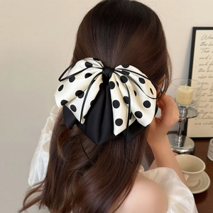 Elegant large polka dot bow hair clip for women, vintage black and white hair accessory