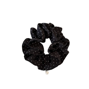 Polka dot scrunchie with pearl pendant accessory for elegant ponytail hairstyles