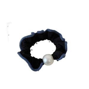 Retro black scrunchie with blue denim lace trim and a large pearl accent accessory